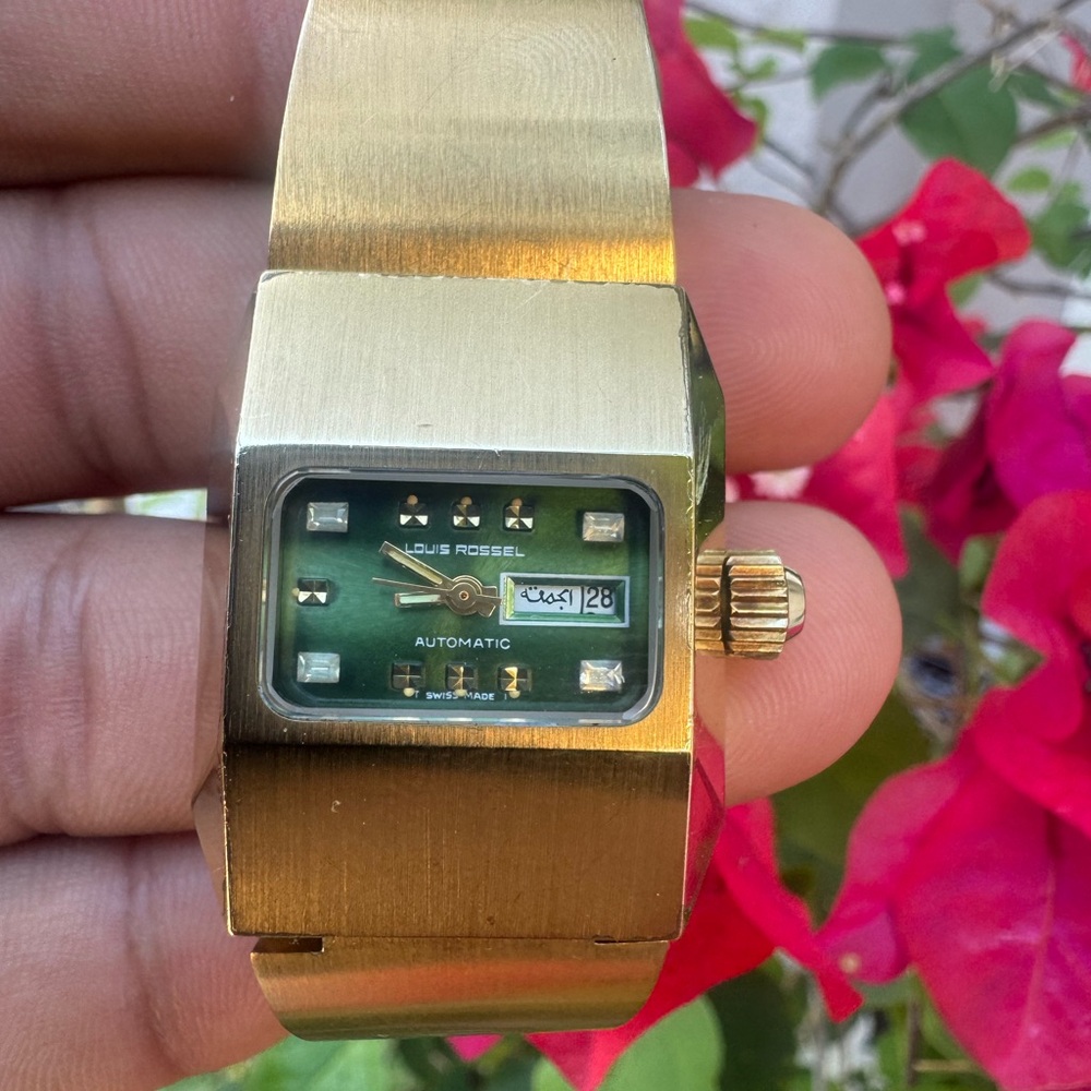 Rare Vtg Louis Rossel Automatic Arabic Day Date Gold Plated Watch